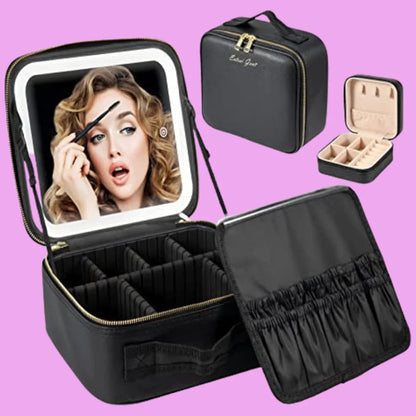 Travel Makeup Bag with Built-In LED Mirror & Adjustable Dividers – 3 Lighting Modes