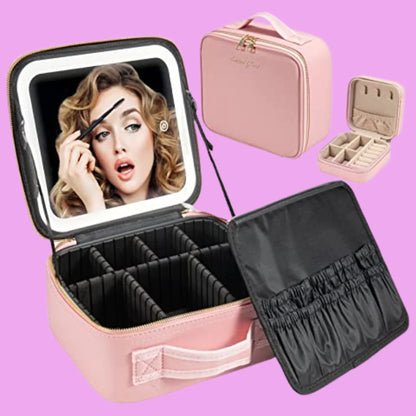Travel Makeup Bag with Built-In LED Mirror & Adjustable Dividers – 3 Lighting Modes