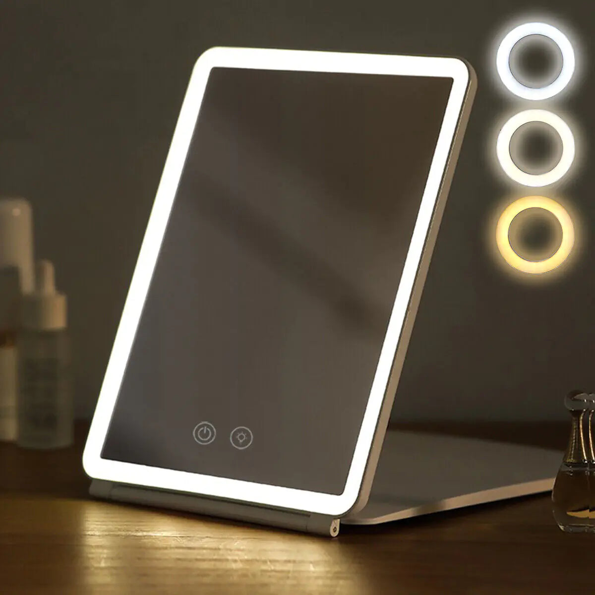 Foldable LED Makeup Mirror – Touch Screen, 3 Colour Light Modes & Rechargeable Battery