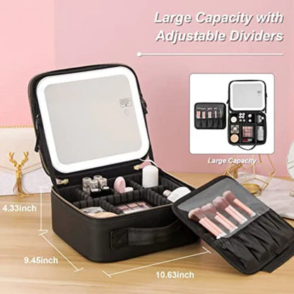 Travel Makeup Bag with Built-In LED Mirror & Adjustable Dividers – 3 Lighting Modes